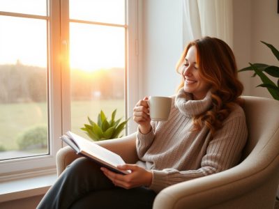 Woman reading a book and drinking coffee - stay at home mom morning routine