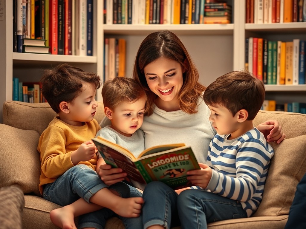 Mother reading to her kids