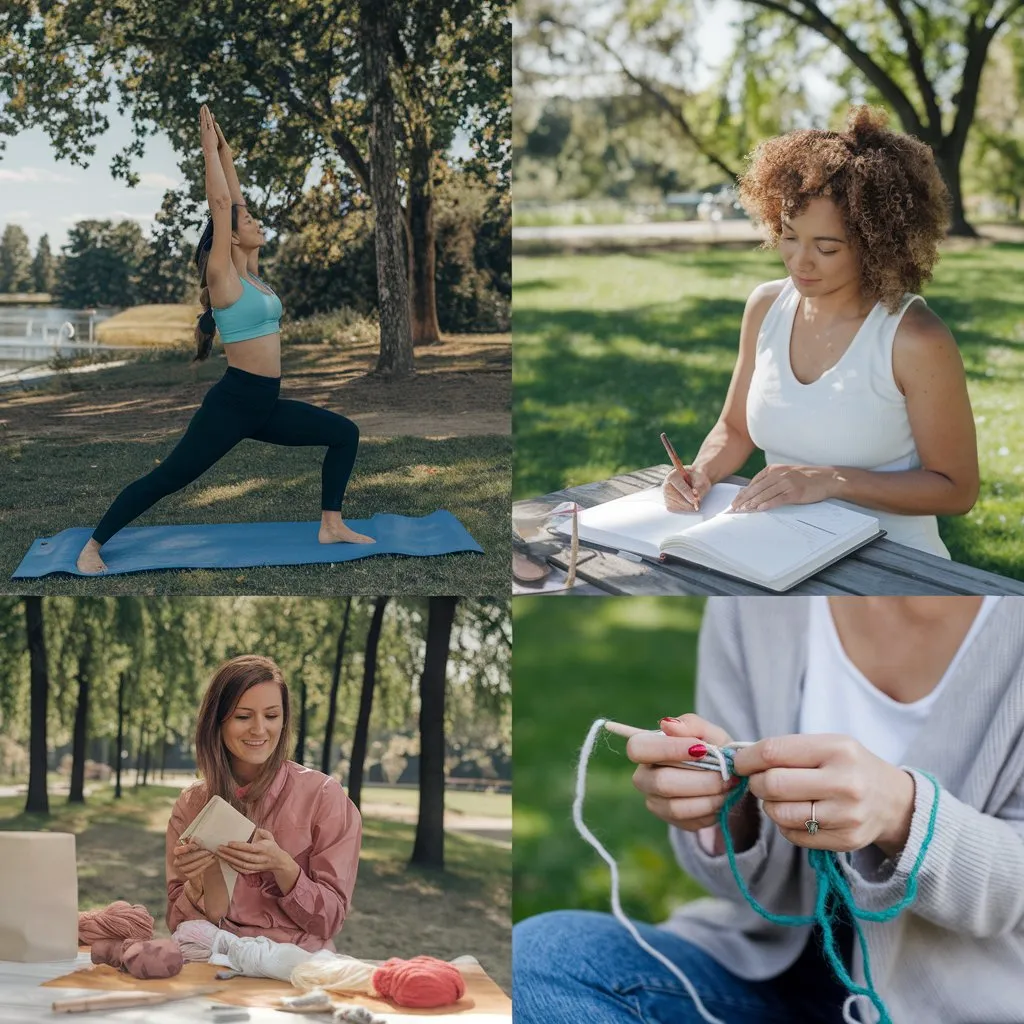 moms doing yoga, knitting and journaling