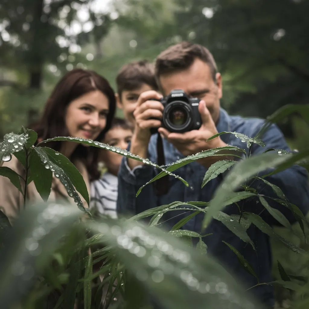 a family taking photos of leaves during a nature walk together