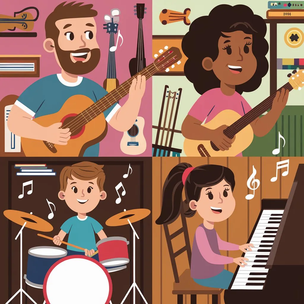 An illustration of a diverse family having a family talent show as part of fun family activities.
