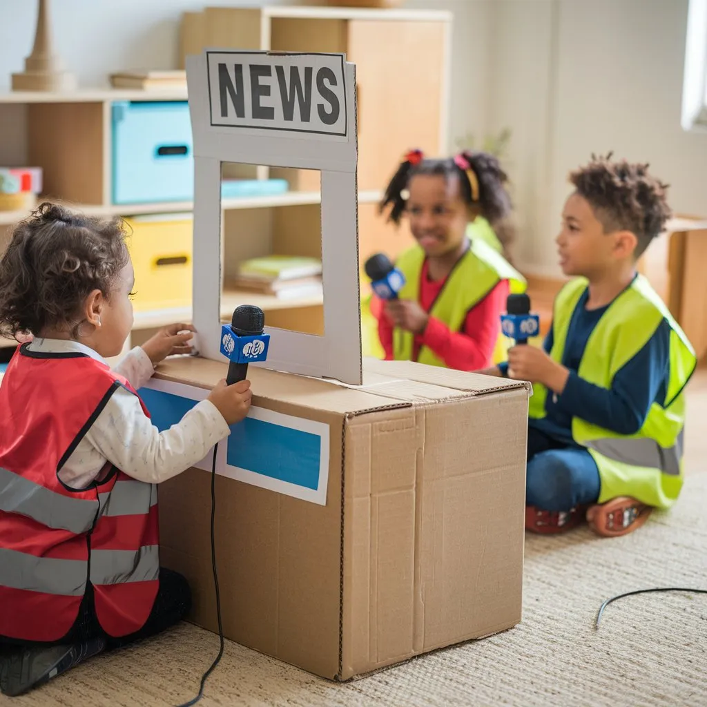 A child setting up a pretend news desk to interview family members for family fun activity.