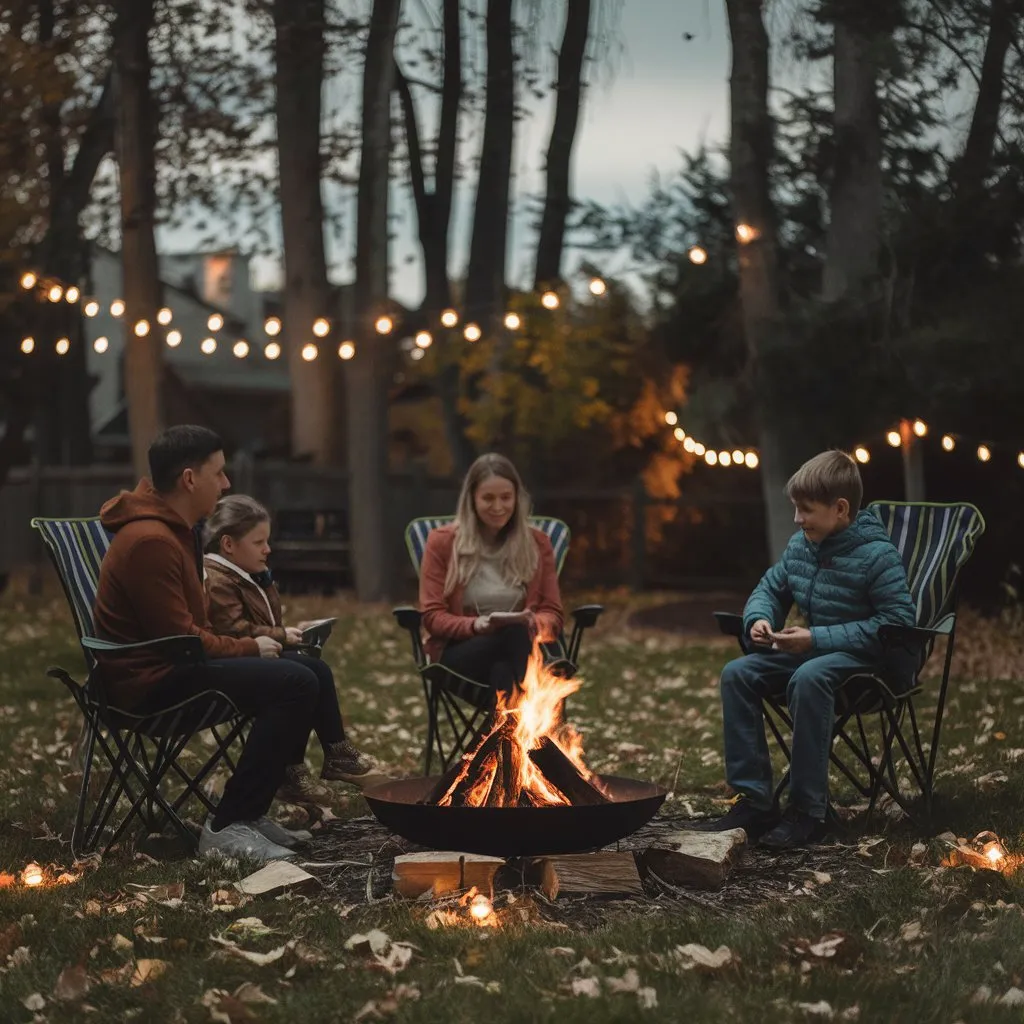 A family sitting around a makeshift campfire, enjoying free and fun family activities.