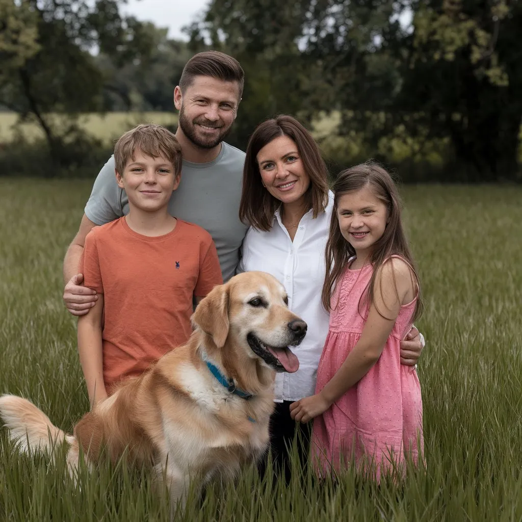 a family out in the fields with the dog having a family bonding moment