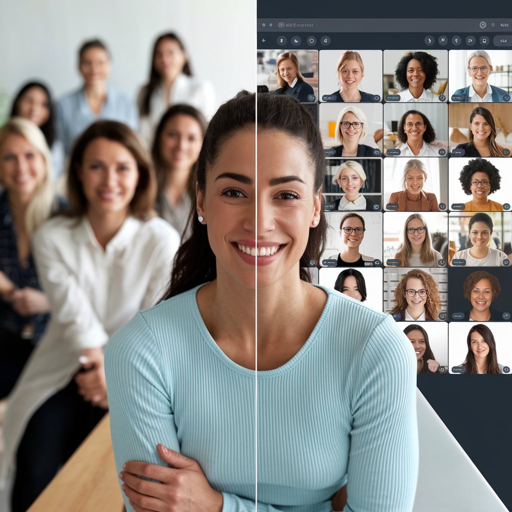 a group of moms participating in online and physical meetings