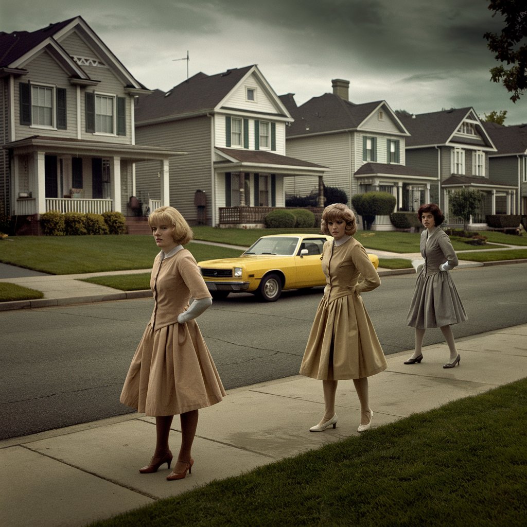 1970s Surburban streets with housewives standing on the streets