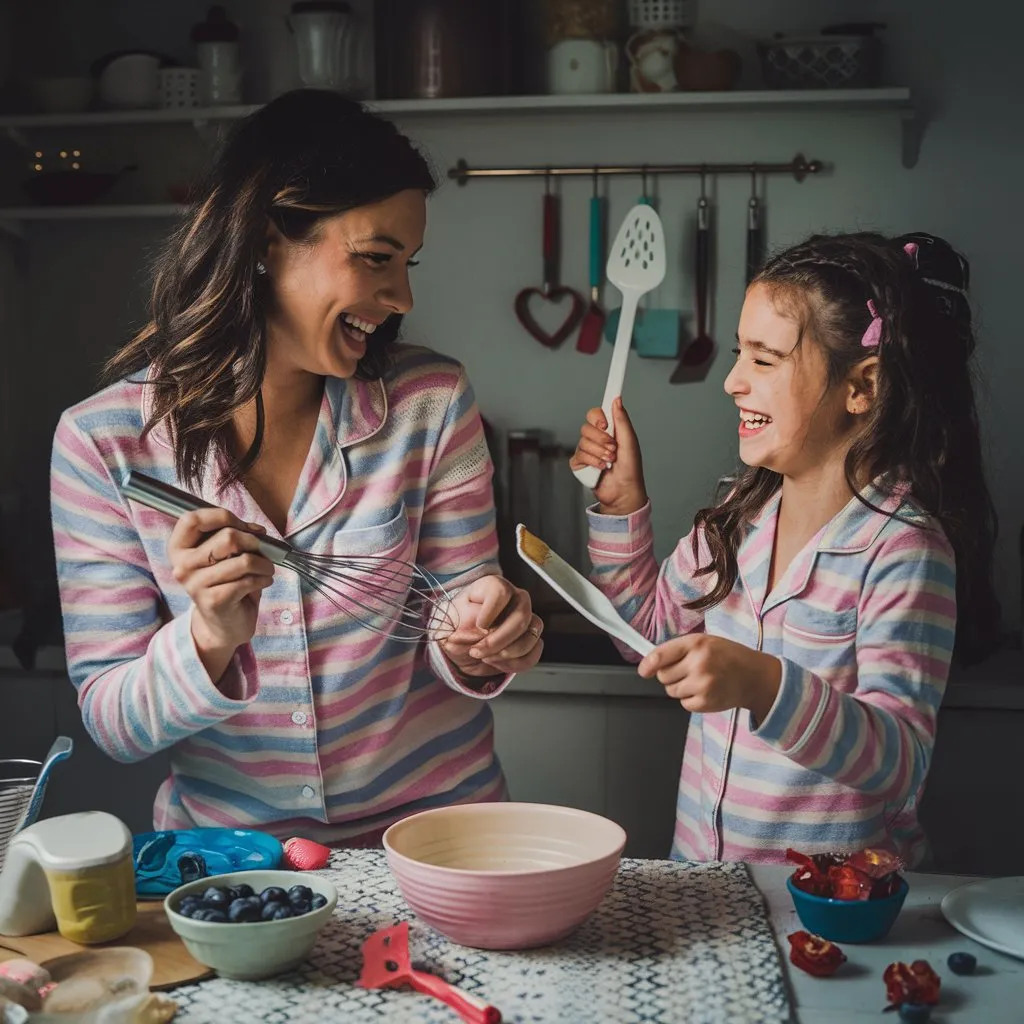mom and daughter in matching pajamas making pancakes