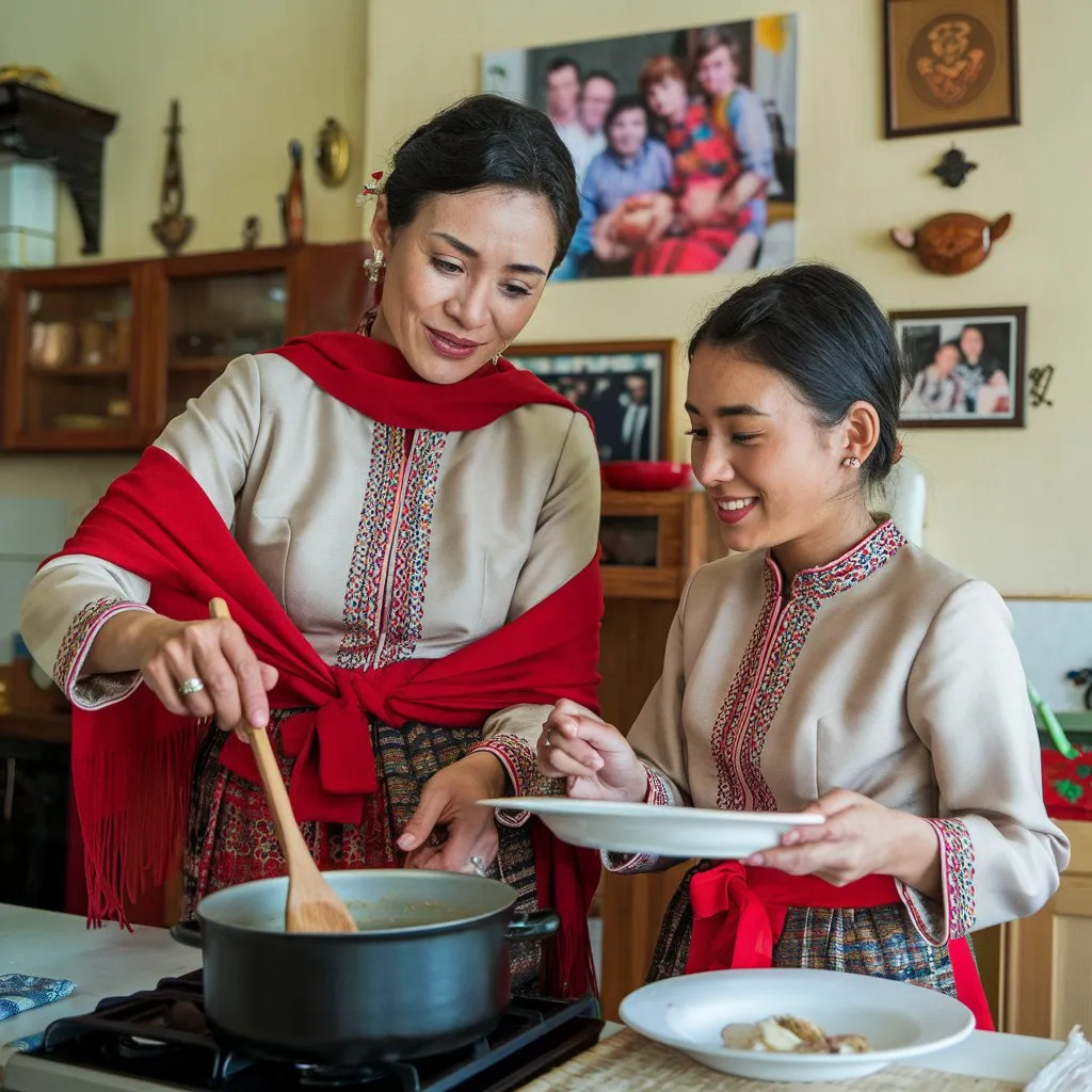 mom and daughter wearing Asian traditional attires while cooking