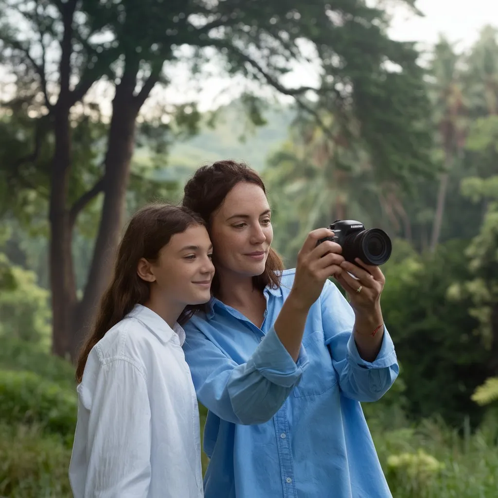 a mother and daughter taking photos outdoors in nature