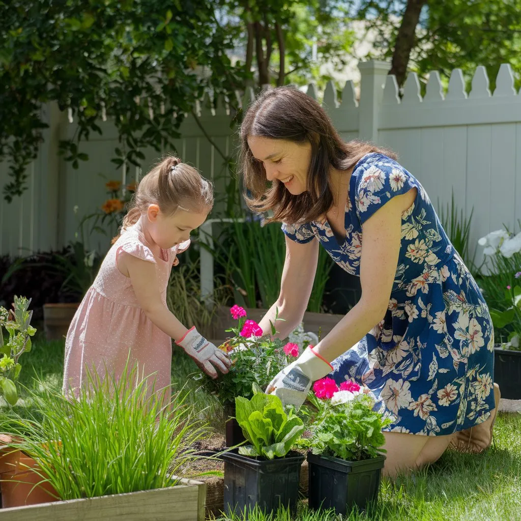 A mom and daughter planting flowers and bonding