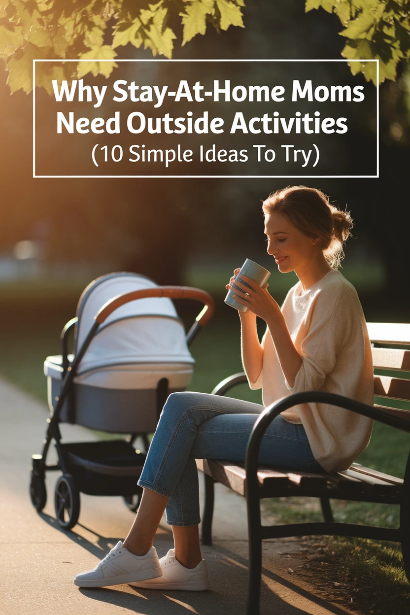 Stay-at-home mom enjoying a peaceful moment outside with coffee. Prioritizing outside activities for well-being.