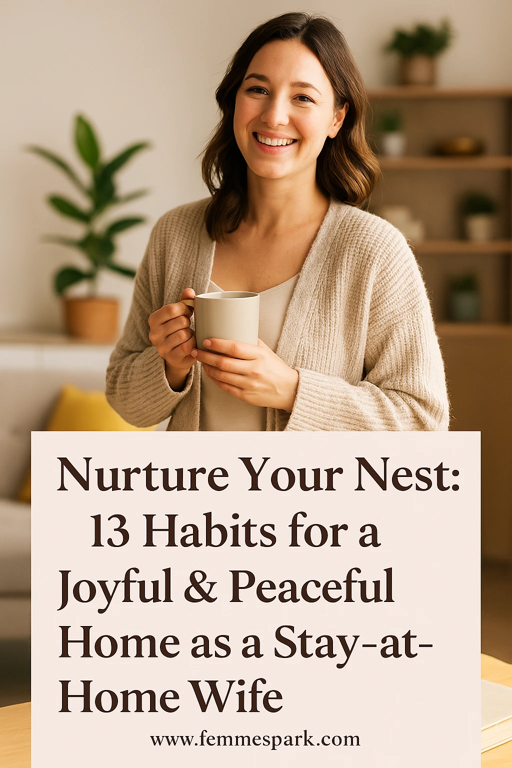 Smiling woman at home living her best life with daily habits for stay-at-home wives