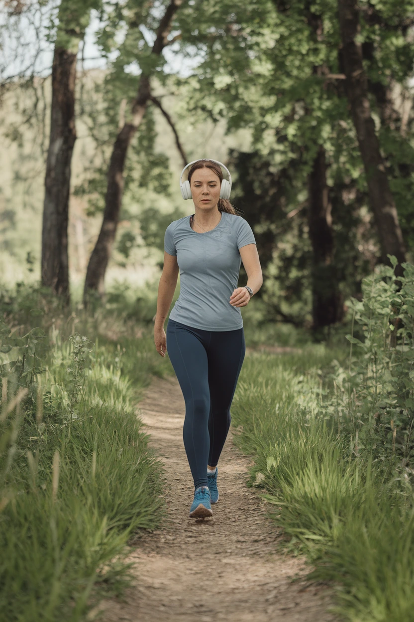 Stay-at-home mom walking in nature to boost mental health. Outdoor activities for stress relief and well-being.