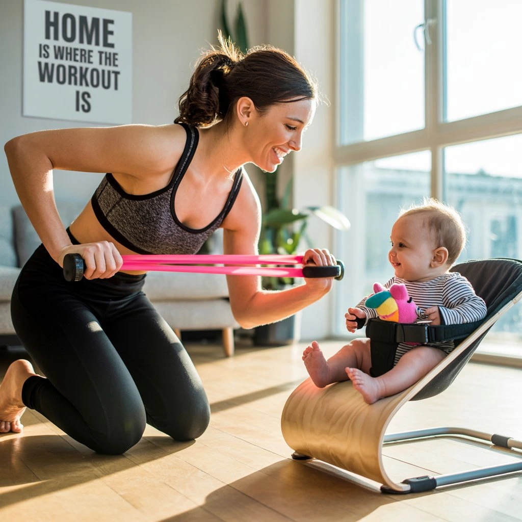 Active stay-at-home mom doing home workout exercises with baby nearby in a bright workout space


