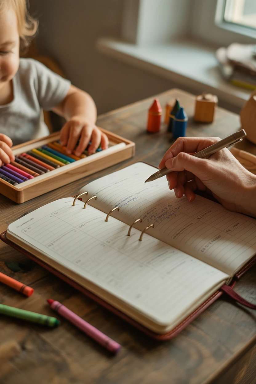 Mom balancing business tasks and childcare using a summer routine planner

