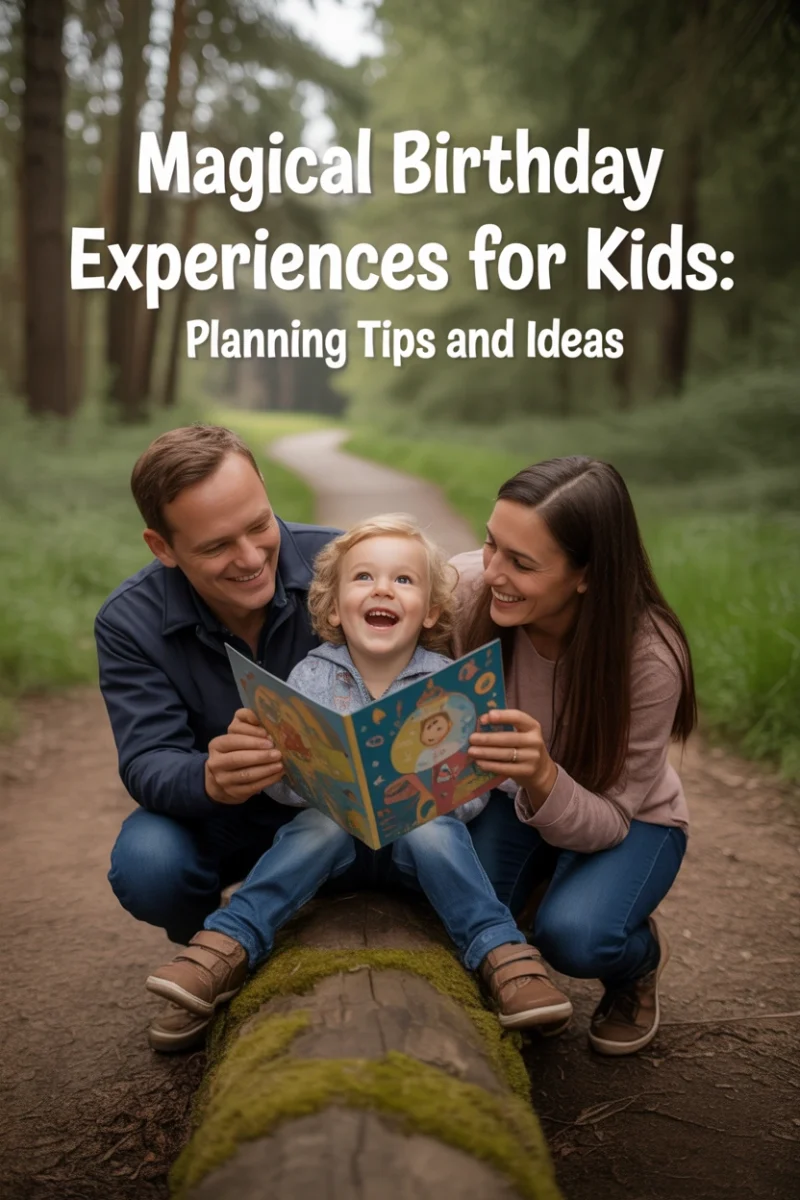 Child opening birthday experience gift outdoors with smiling parents – family celebrating with meaningful moments instead of toys