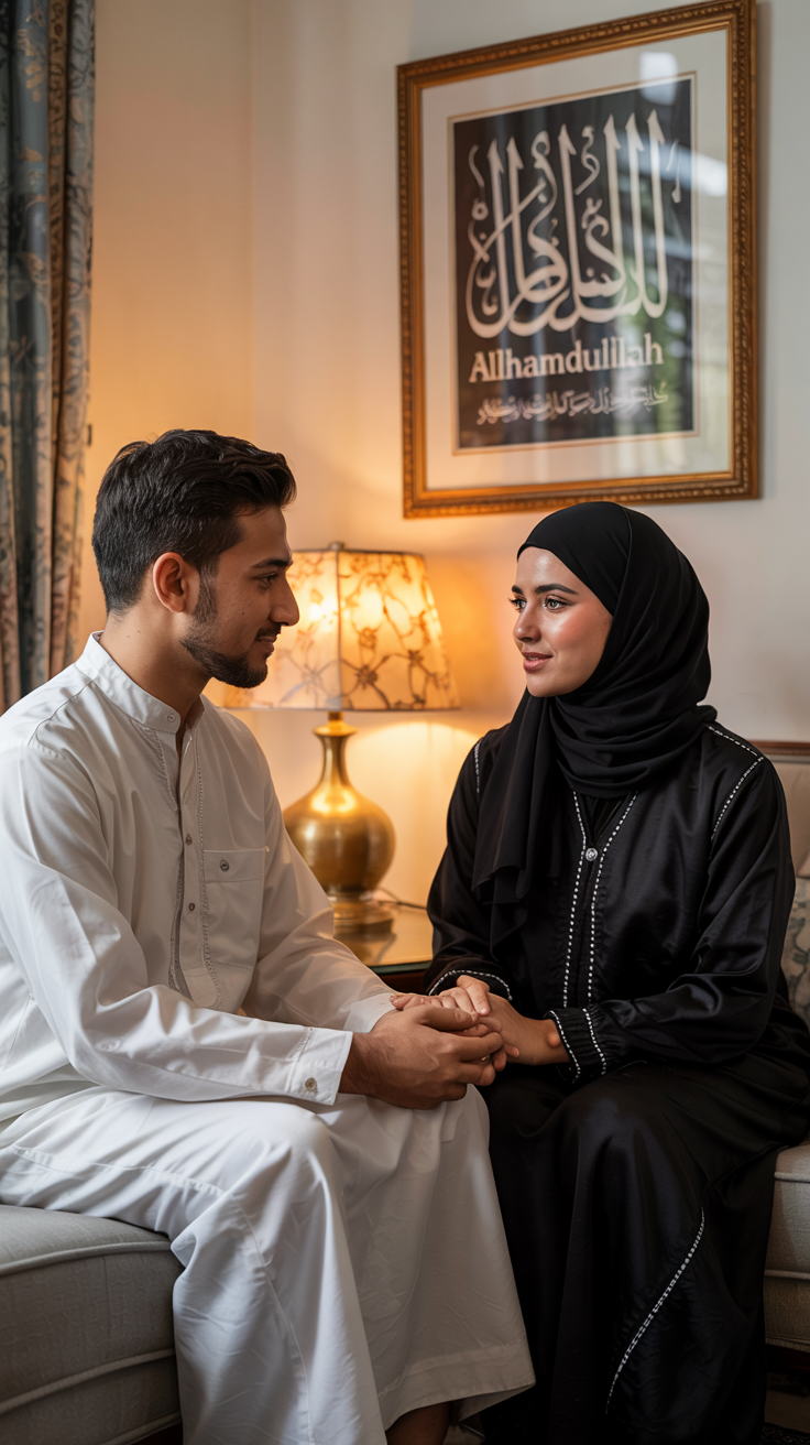 A Muslim couple sitting in their living room having a discussion about household responsibilities and hiring help

