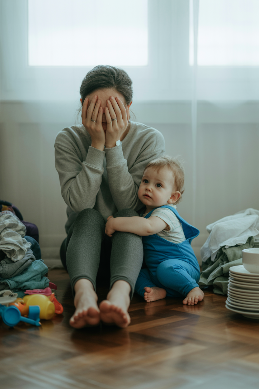 Overwhelmed mom sitting on the floor surrounded by laundry and toys, holding her head in her hands while her toddler clings to her.