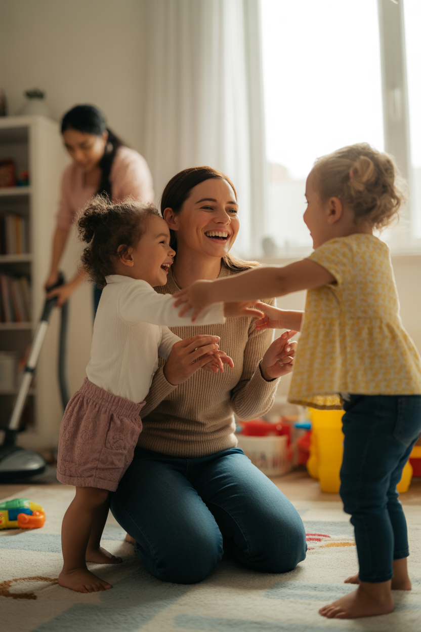 Mom playing happily with her child while a house cleaner vacuums in the background, showing how help allows for quality time.


