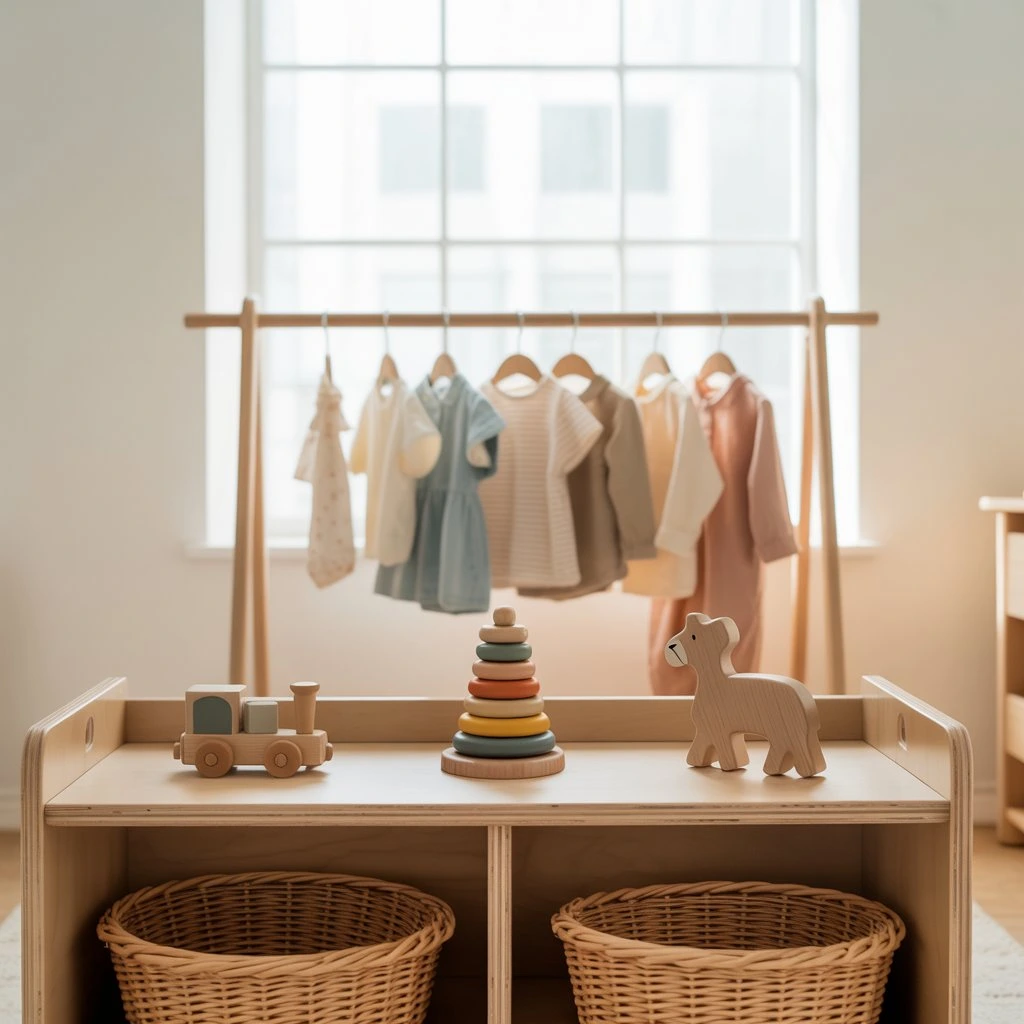 Minimalist stay-at-home mom in a clutter-free living room with wooden toys and neutral decor

