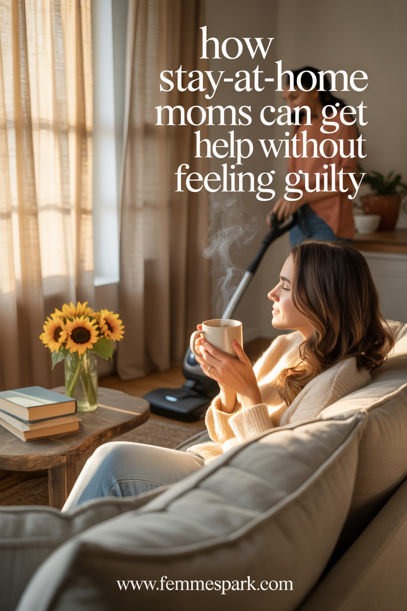 A stay-at-home mom relaxes with a coffee while a helper tidies the living room in the background, showing peace and balance in a shared home environment.

