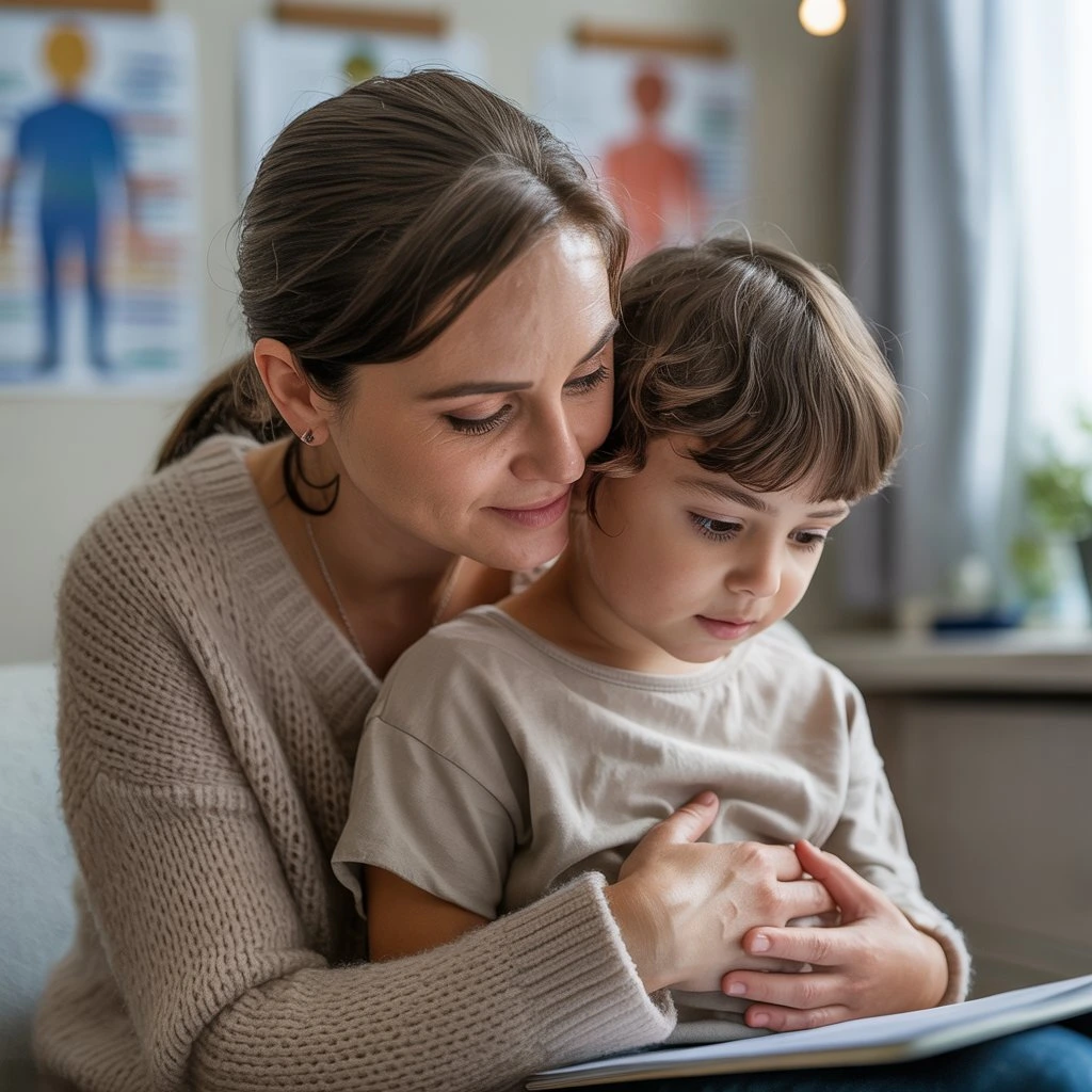 Special needs mom reviewing therapy documents while child plays with sensory-friendly toys nearby

