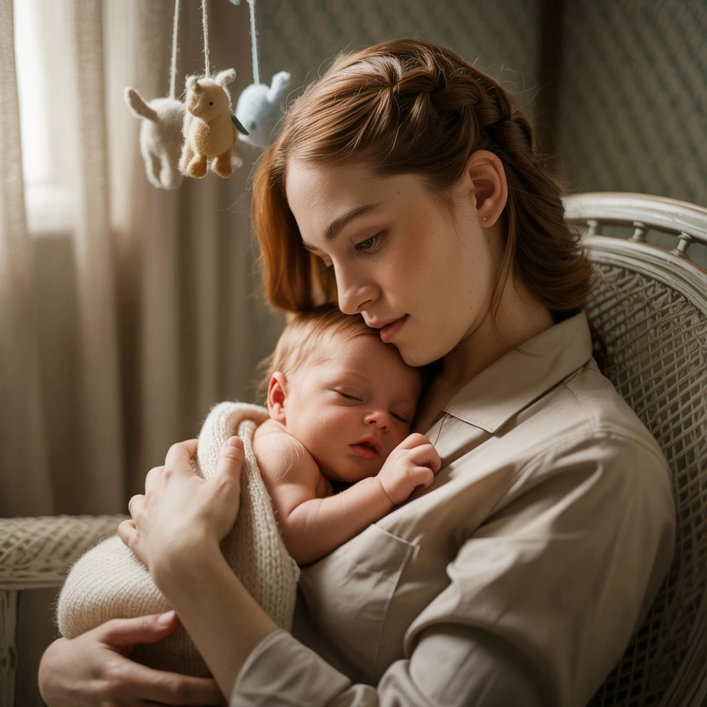 Mom cradling newborn baby in a softly lit nursery, wrapped in a cozy blanket

