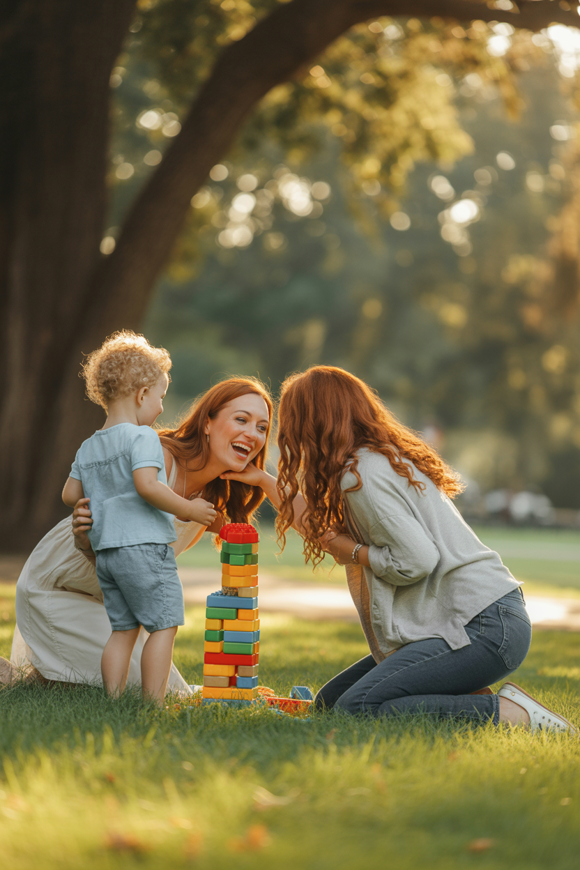 Two moms laughing together during a playdate as their kids play nearby, symbolizing shared support among mothers.

