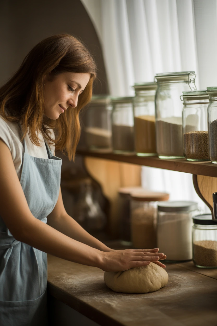 Homesteading mom baking homemade bread at a wooden kitchen counter with jars of natural ingredients

