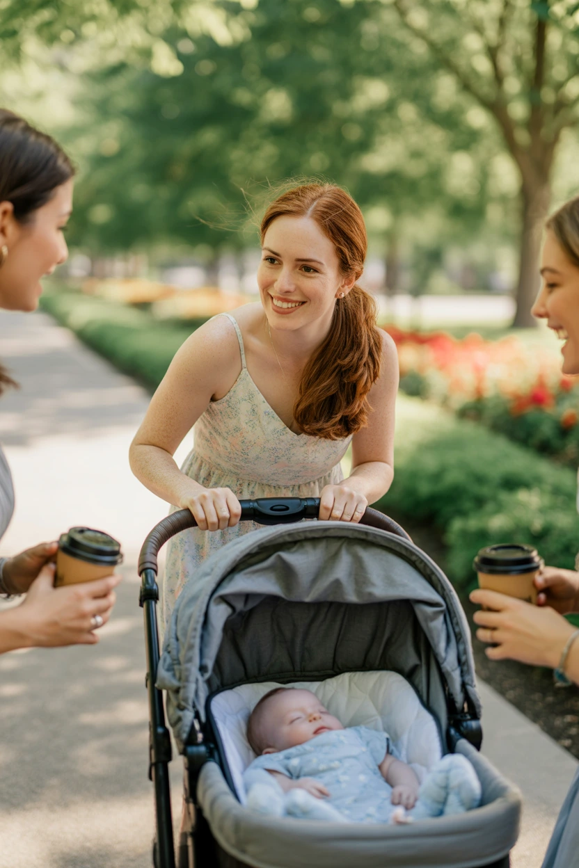 Group of stay-at-home moms laughing and socializing at a coffee meetup while kids play around them

