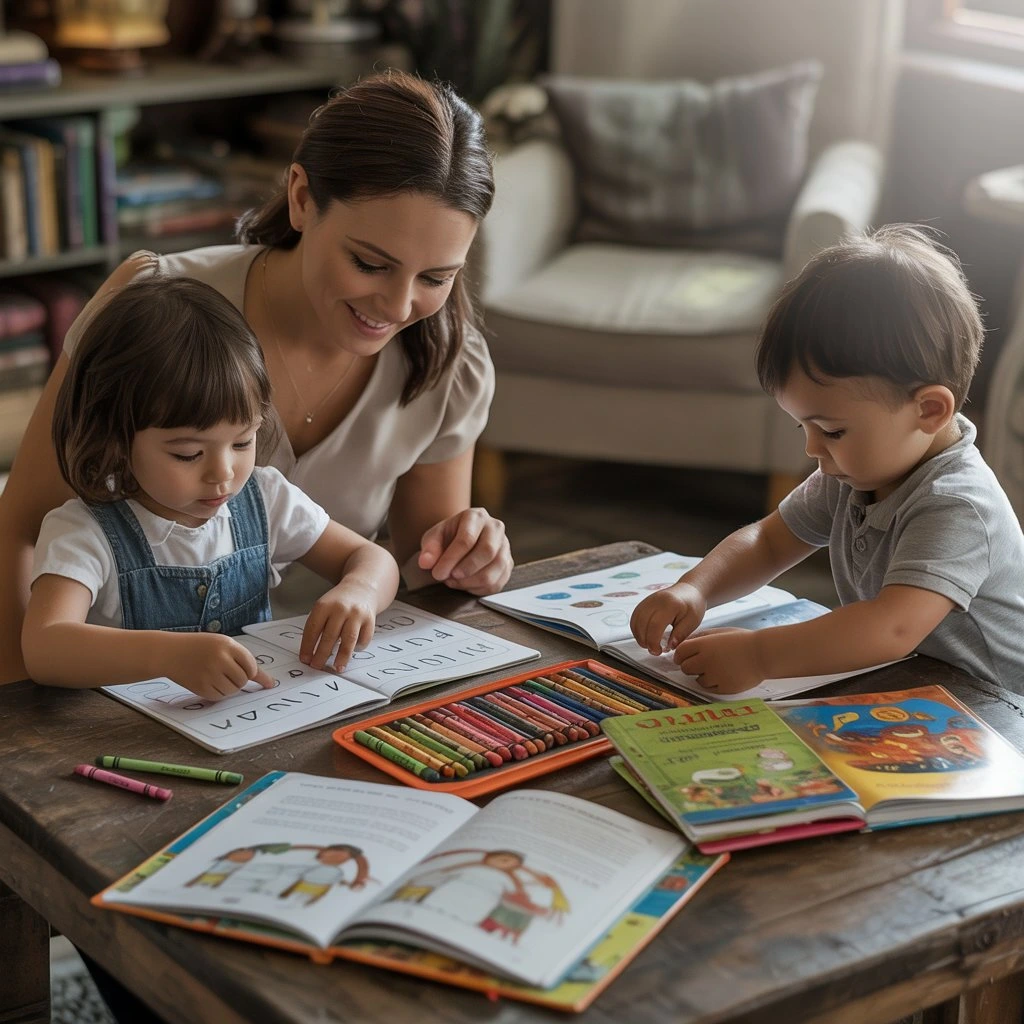 Homeschooling mom teaching children at home with books and creative learning activities on the table

