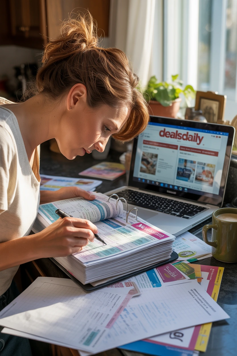 Budget-savvy mom sorting coupons and reviewing grocery savings apps on her phone and laptop

