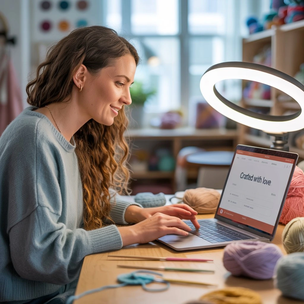 Mompreneur working on handmade products at home while managing small business tasks on laptop

