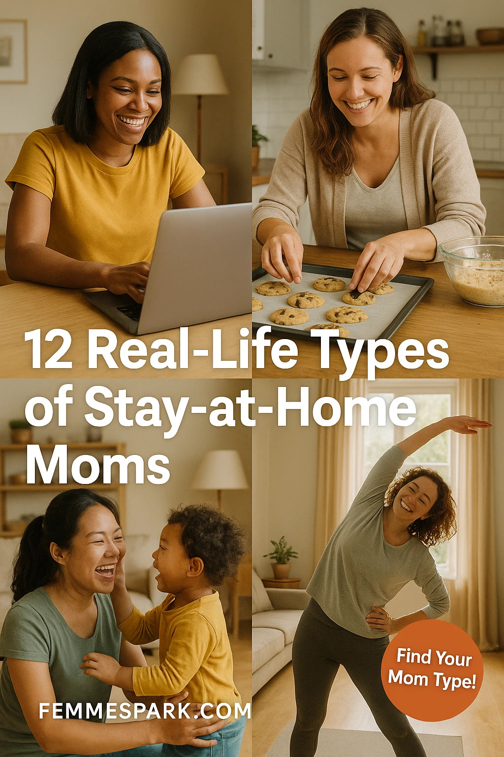 Diverse group of stay-at-home moms engaging in daily life—playing with kids, working on laptops, cooking, and homeschooling

