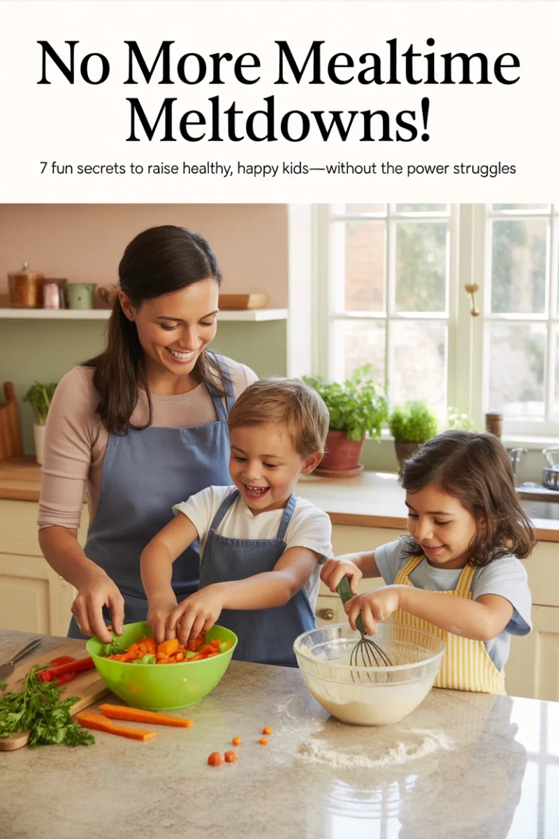 Smiling mom and two young children happily preparing healthy food together in a bright kitchen, promoting positive family habits and picky eater tips.