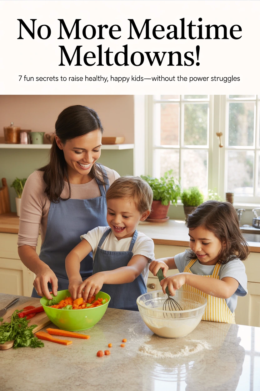 Smiling mom and two young children happily preparing healthy food together in a bright kitchen, promoting positive family habits and picky eater tips.