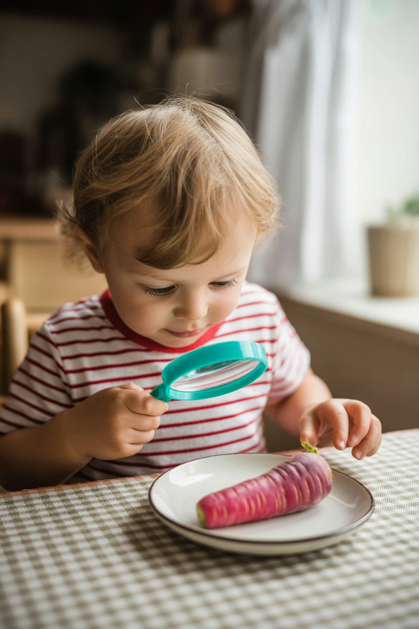Child curiously exploring a new vegetable as part of a 'taste adventure,' encouraging picky eaters to try new foods.