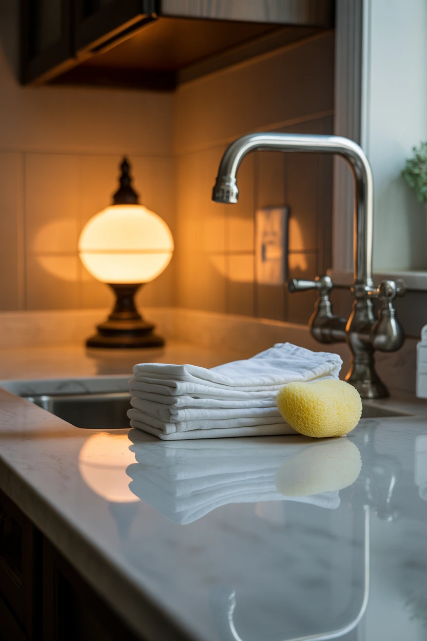 A clean and tidy kitchen counter at night, showing the positive result of a mom's 'closing duties' routine