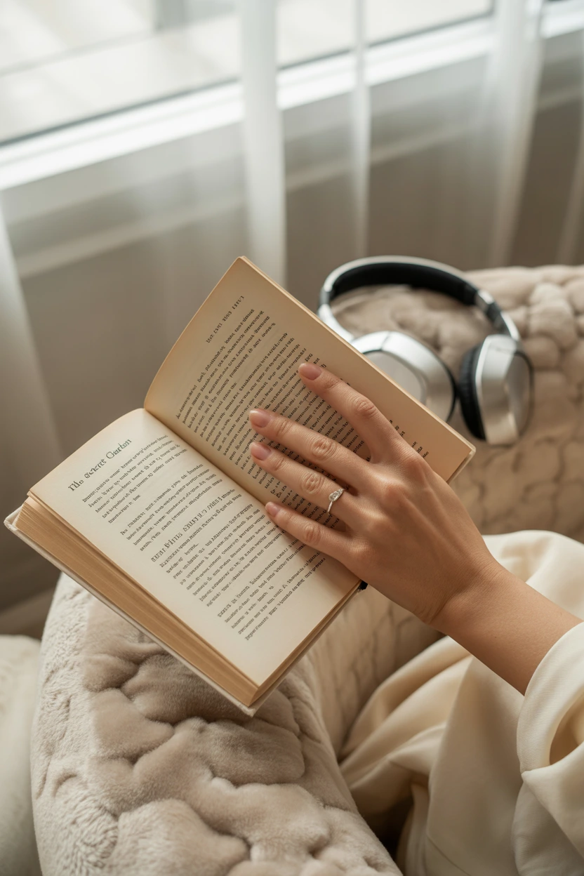 A woman's hands holding an open book, symbolizing finding personal interests again while coping with stay-at-home mom depression.