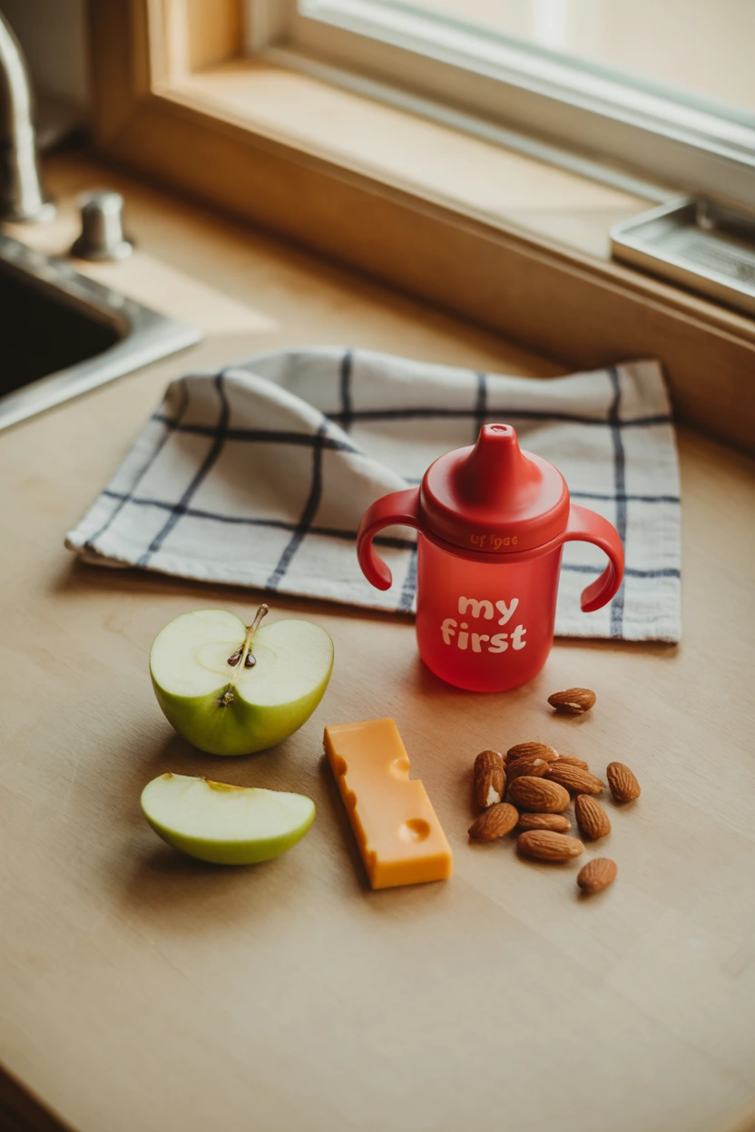 Apple slices and a cheese stick on a counter, illustrating a simple nourishment strategy for a mom with SAHM depression.