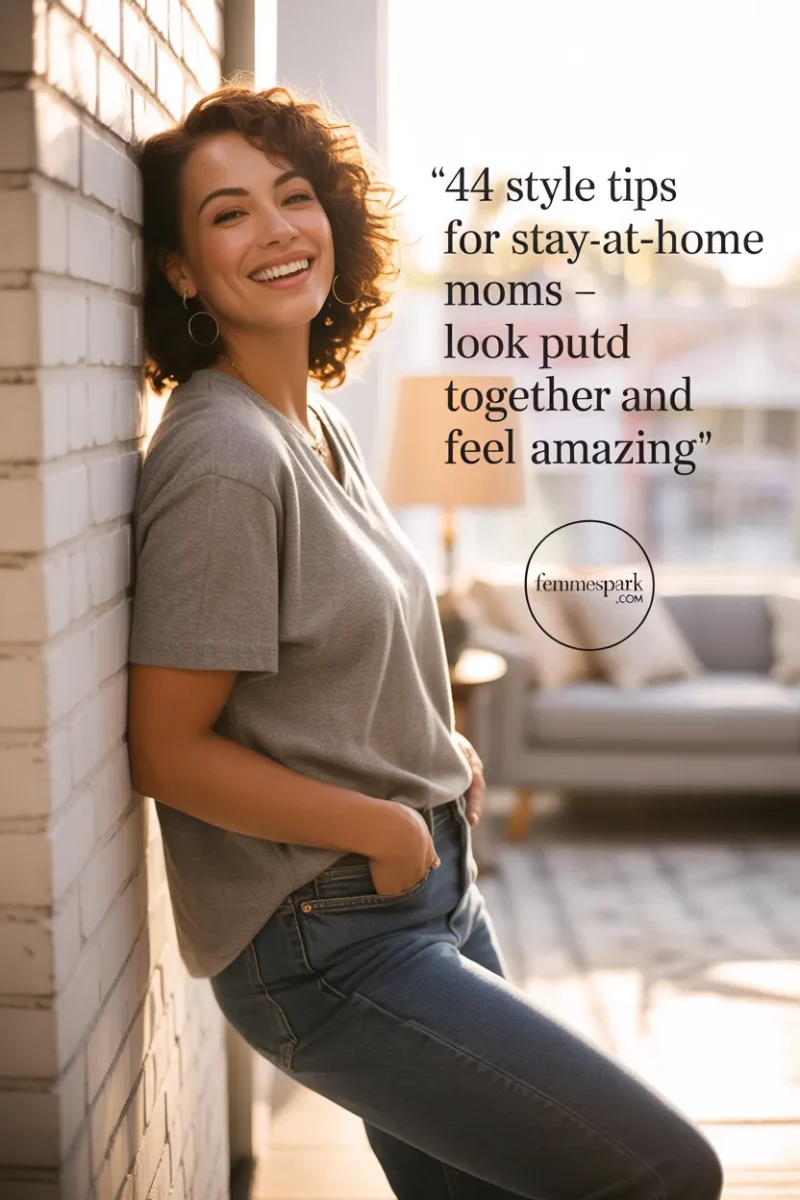 A stay-at-home mom looking confident and stylish in a simple outfit of a grey t-shirt and blue jeans, leaning casually against an outdoor wall.