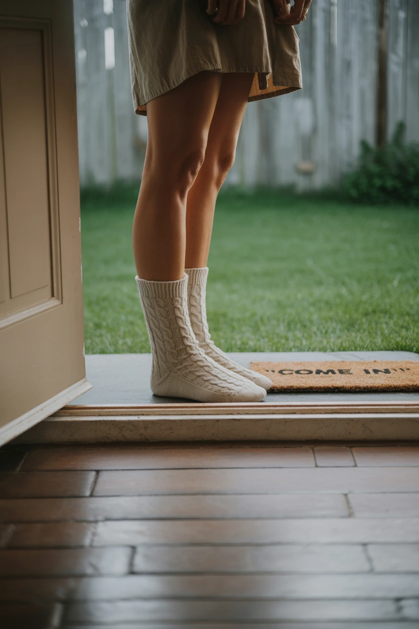 A woman's feet in cozy socks standing at an open door, representing gentle movement as a coping tool for SAHM burnout.