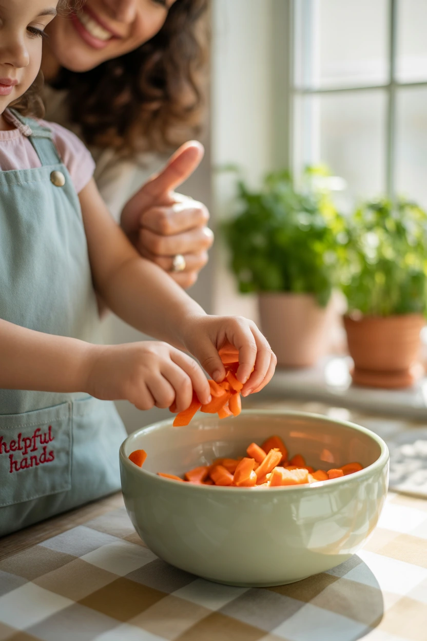 oung child helping mom prepare a healthy salad, learning about kid-choice in the kitchen for better eating habits.