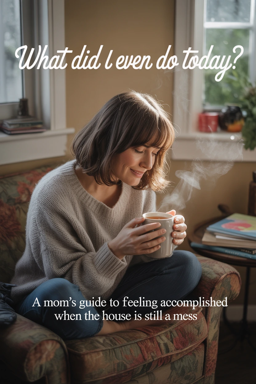 A mom takes a peaceful moment on her couch in a cozy living room, feeling accomplished after learning how to tame the daily chaos.