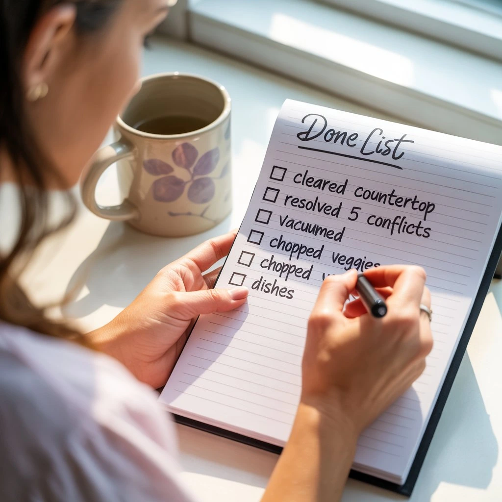 A mom takes a peaceful moment on her couch in a cozy living room, feeling accomplished after learning how to tame the daily chaos.