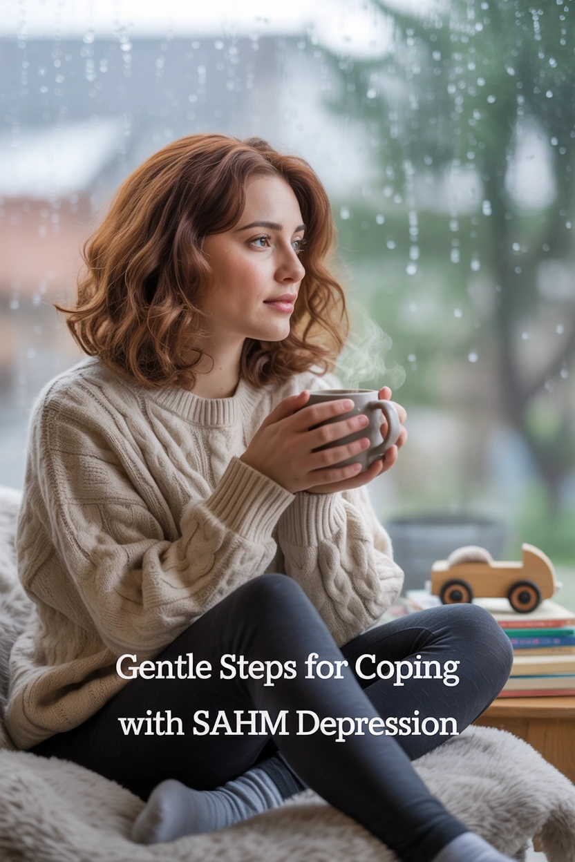 A woman in a quiet moment, holding a mug and looking out a window with soft light, representing gentle coping with stay-at-home mom depression.
