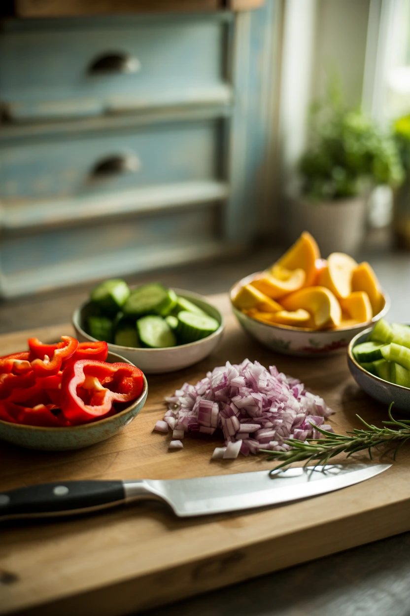 A woman task batching by chopping vegetables for meal prep, a system to help moms feel more in control.
