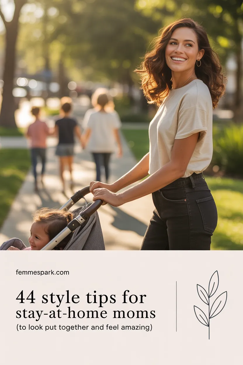 A stylish stay-at-home mom in a casual t-shirt and jeans looks confident and happy while pushing a stroller in a park
