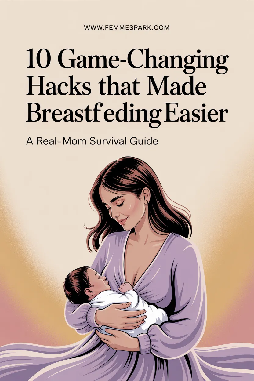 Pinterest pin for a breastfeeding survival guide with 10 tips to make breastfeeding easier for new moms. Includes hacks for comfort, milk supply, and creating a better nursing experience.