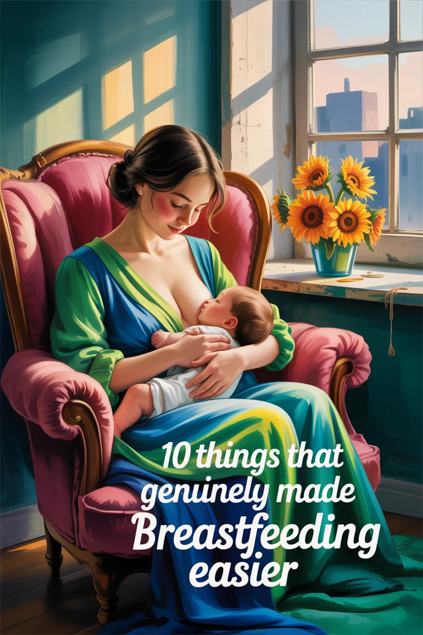 A painterly illustration depicts a woman gently breastfeeding her infant, both enveloped in the embrace of a plush, vintage armchair with a striking black-and-white checkered pattern. The woman, wearing a flowing azure-and-emerald dress, has warm, rosy skin and gazes lovingly at her child, her expression radiating maternal tenderness. Soft, diffused light streams through a window revealing a muted blue-gray cityscape in the distance, while a single pigeon perches on the sill and a wall showcases playful, bright orange squares. The composition is framed by “10 things that genuinely made breastfeeding easier” subtly overlaid in elegant script at the bottom of the image, fostering a sense of quiet connection and serene domesticity.